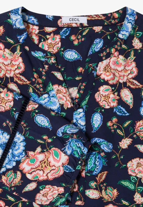Dunkelblaue Bluse mit farbigem Blumenmuster und V-Ausschnitt (Marke CECIL).