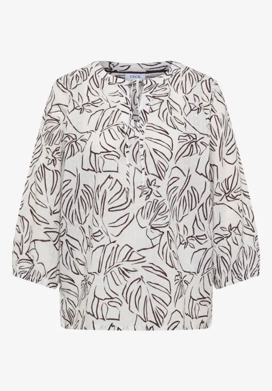 Weiß-beige Damenbluse mit dunkelbraunem Blattmuster, 3/4-Ärmel und rundem Ausschnitt mit V-Detail.