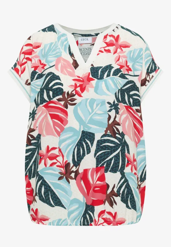 Bluse mit buntem tropischem Blatt- und Blumenmuster.