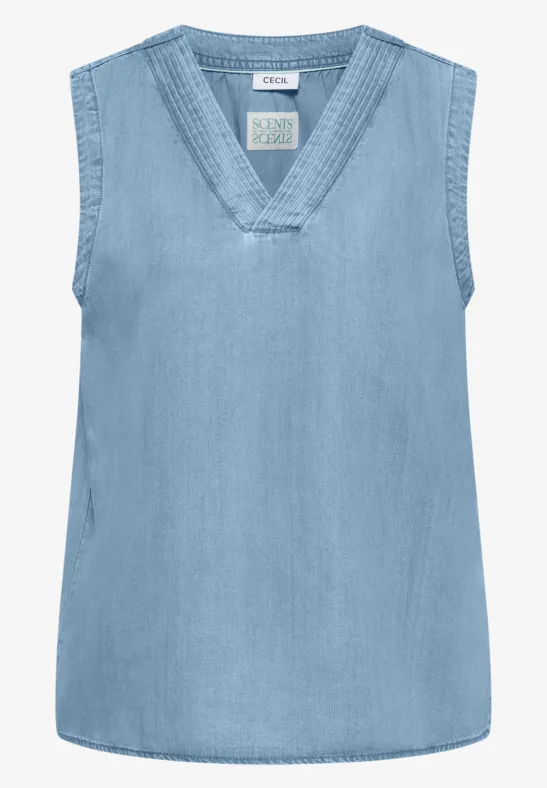 Ärmelloses, hellblaues Jeans-Top mit tiefem V-Ausschnitt.