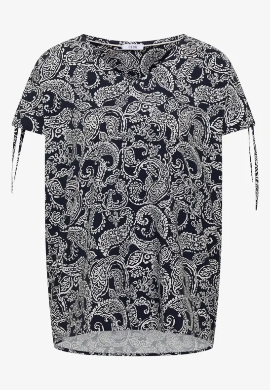 Damesblouse met korte mouwen, zwart-wit paisleyprint en strikjes aan de mouwen
