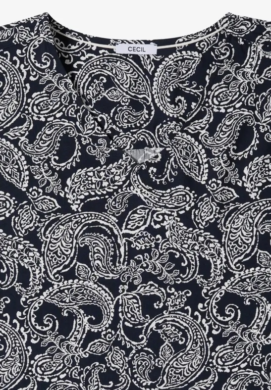 Zwart topje met witte paisley-print en bloemmotieven