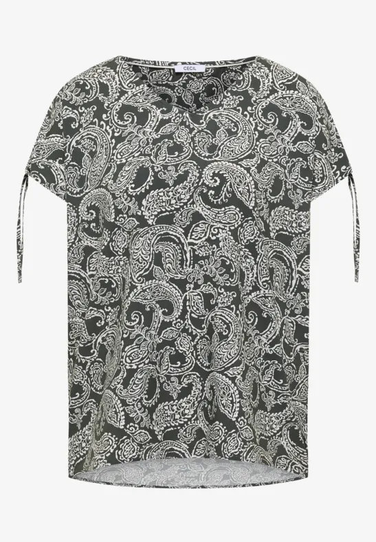 Donker shirt met wit paisley-patroon, ronde hals, korte mouwen met strik