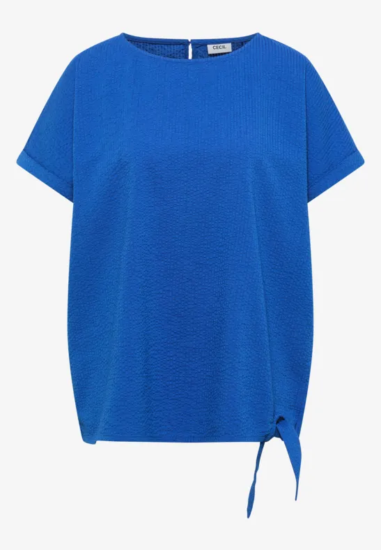 Losvallend blauw T-shirt met korte mouwen en een knoopdetail aan de zijkant