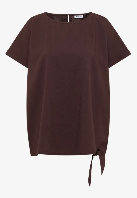 Bruin T-shirt met korte mouwen, ronde hals en zijstrik.