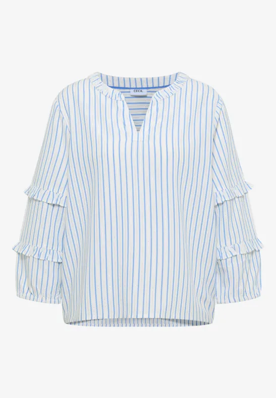 Weiße Bluse mit blauen Streifen, V-Ausschnitt und Rüschen an den 3/4-Ärmeln.