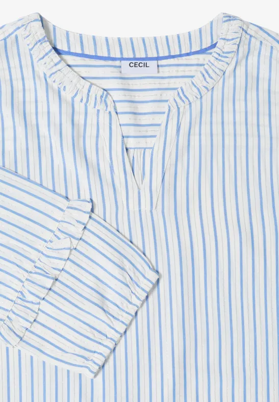 Weiße Damenbluse mit feinen blauen Streifen, V-Ausschnitt und leicht aufgebauschten Ärmeln