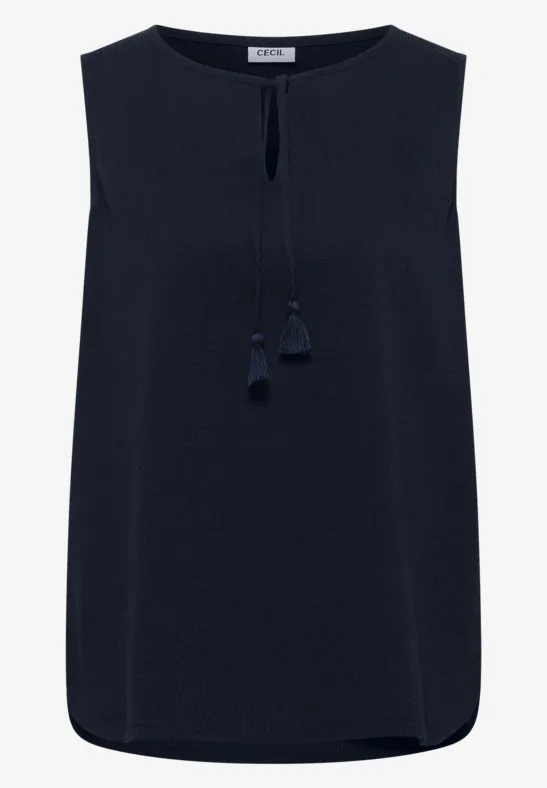 Ärmelloses Top in Marineblau mit Rundhalsausschnitt und vorderem Schlitz mit Quasten.