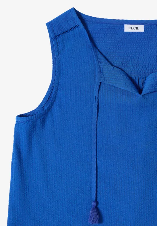 Leichtes ärmelloses Damenoberteil in knalligem Blau mit stylischer V-Ausschnitt-Zugkordel.