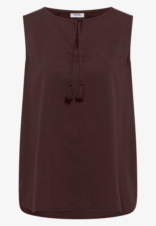 Ärmellose, dunkelbraune Bluse mit V-Ausschnitt und Zierquasten.