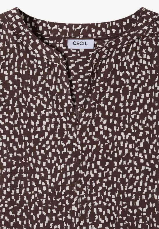 Chemisier marron à motifs blancs irréguliers, encolure ronde, marque CECIL.