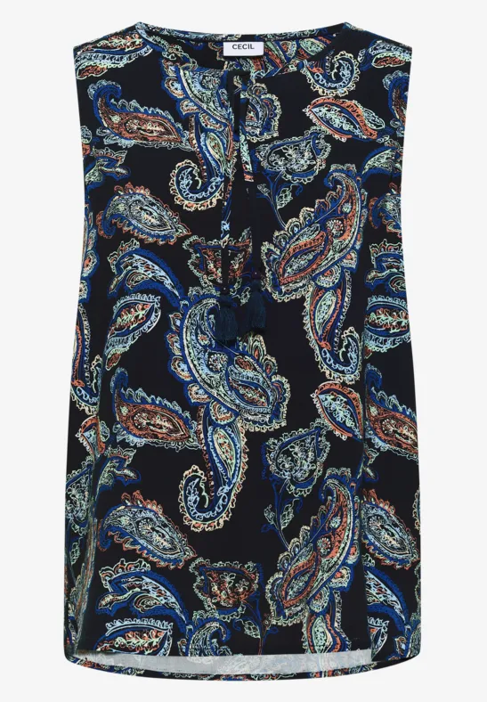 Ärmelloses Top mit fließendem Stoff, dunkelblauem Grund und buntem Paisley-Muster.
