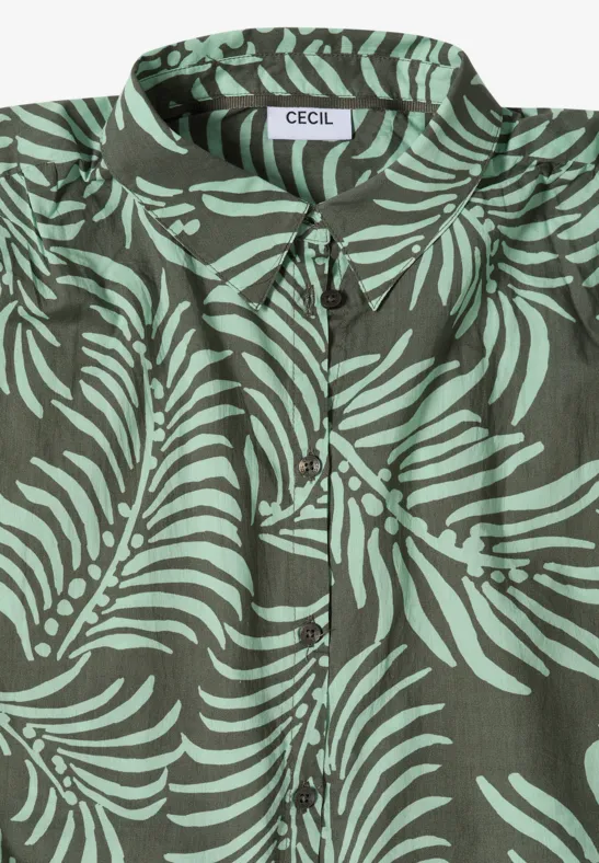 Gefaltetes, olivgrünes Shirt mit hellgrünem Blattmuster von CECIL.