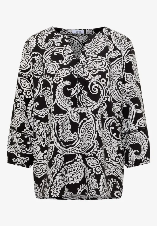 Zwarte blouse met witte paisley-print en driekwartmouwen
