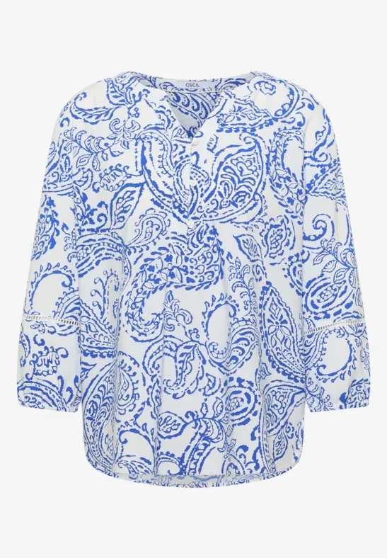 Witte damesshirt met blauw paisleydessin