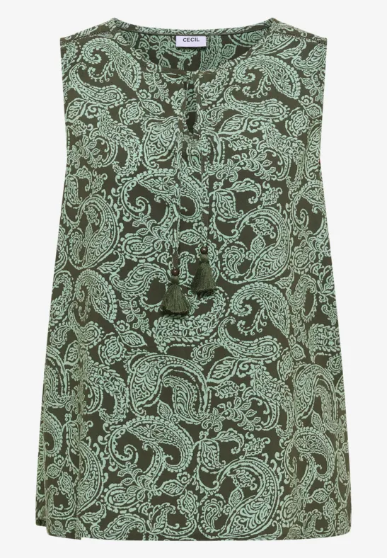 Ärmelloses, grünes Top mit Paisley-Muster und Quasten am V-Ausschnitt.