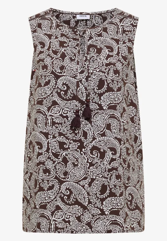 Top sans manches marron à motif paisley blanc et encolure en V