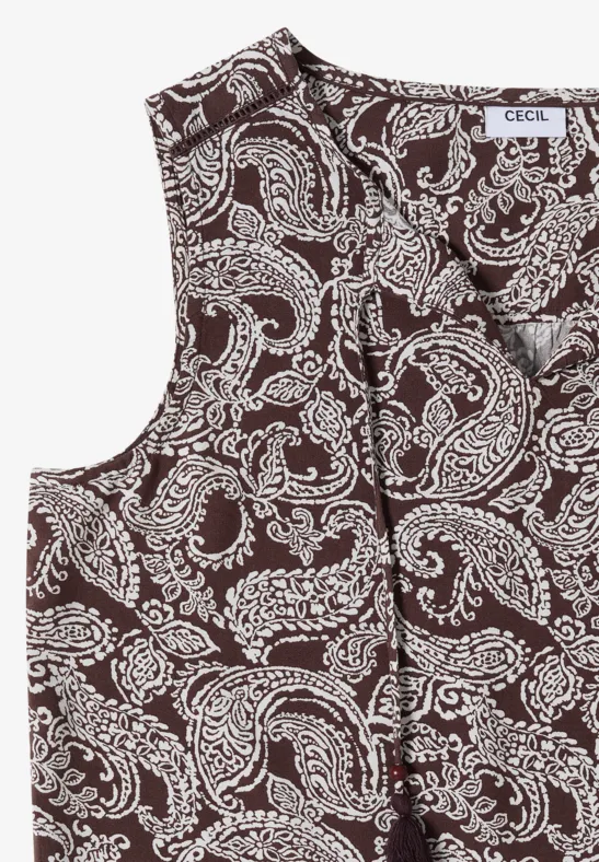 Haut marron sans manches avec motif cachemire blanc, fines bretelles et étiquette CECIL, style décontracté