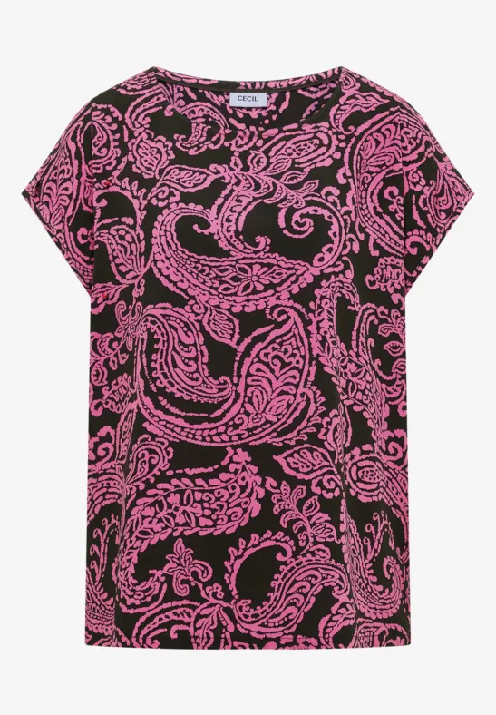 Schwarzes T-Shirt mit auffälligem rosa Paisley-Muster.