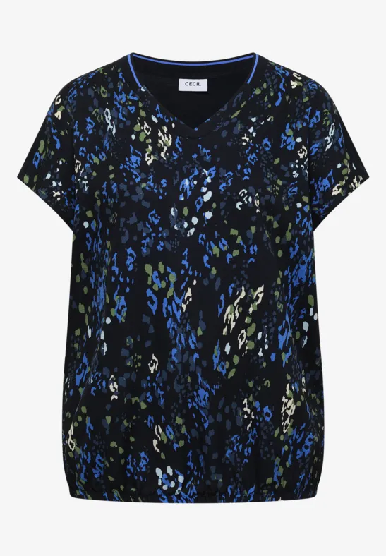 T-shirt noir à motif abstrait bleu-vert, col en V, coupe décontractée pour femme.