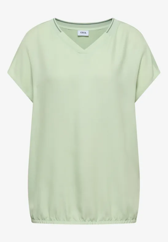 Mintgrünes Damen-T-Shirt mit V-Ausschnitt, lockeren Ärmeln und elastischem Saum.