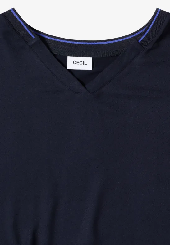 Dunkelblaues V-Neck-Shirt mit CECIL-Label am Kragen
