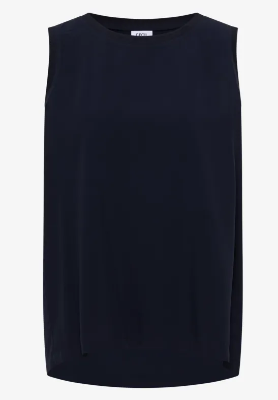 Ärmelloses, dunkelblaues Top mit rundem Ausschnitt und schlichtem Design.