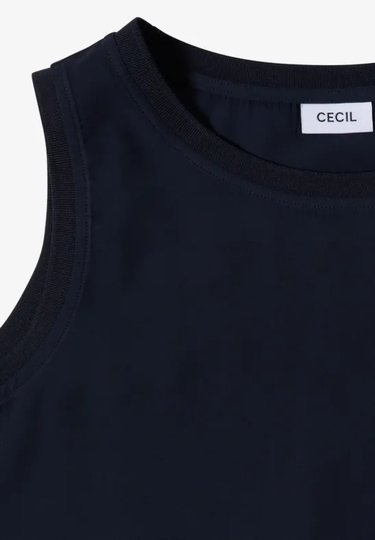 Schwarzes ärmelloses Top mit Rundhalsausschnitt und CECIL-Label im Nacken.