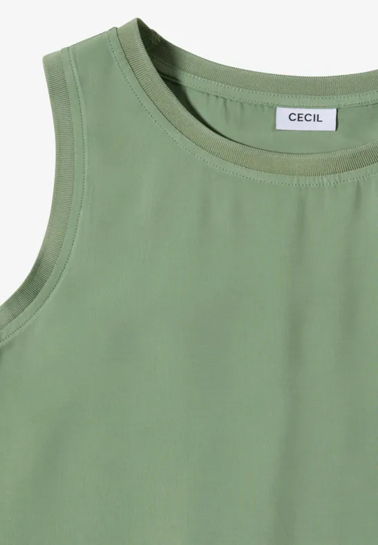 Ärmelloses, olivgrünes Damen-Top mit Rundhalsausschnitt und kleinem Label im Nacken.