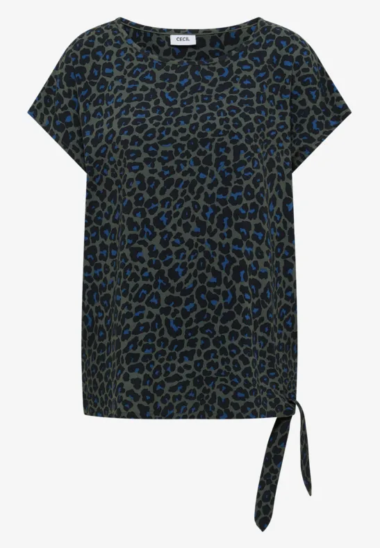 Damen-T-Shirt mit kurzärmligem Leopardenmuster und seitlicher Schleife.