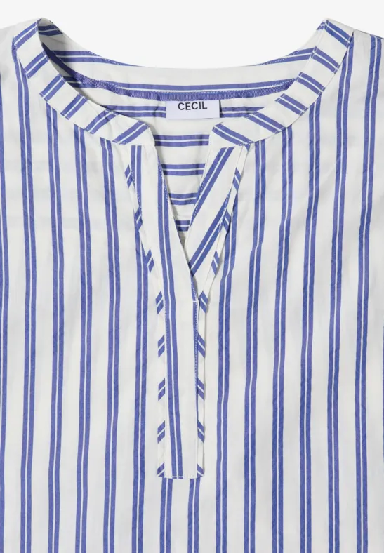 Weiße Tunika-Bluse mit blauen Streifen und V-Ausschnitt