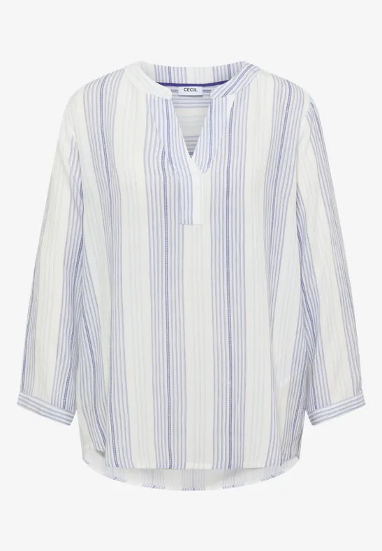 Blouse légère à rayures verticales bleu et blanc, col en V et manches 3/4.