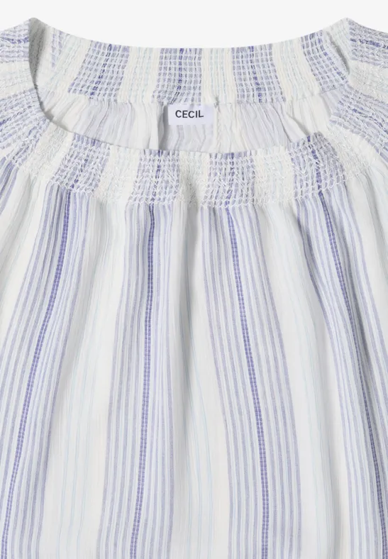 Weiße Bluse mit violetten Streifen und smocked Bündchen, lockerer Damenshirt von CECIL.