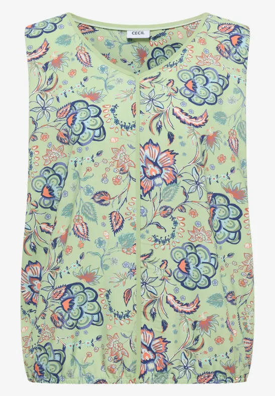 Ärmellose Bluse mit pastellgrünem Hintergrund und buntem Blumenmuster.