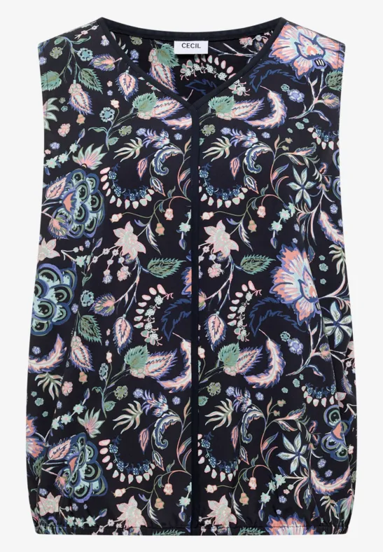 Top sans manches bleu foncé orné d'un motif floral pastel et d'un ourlet légèrement froncé.