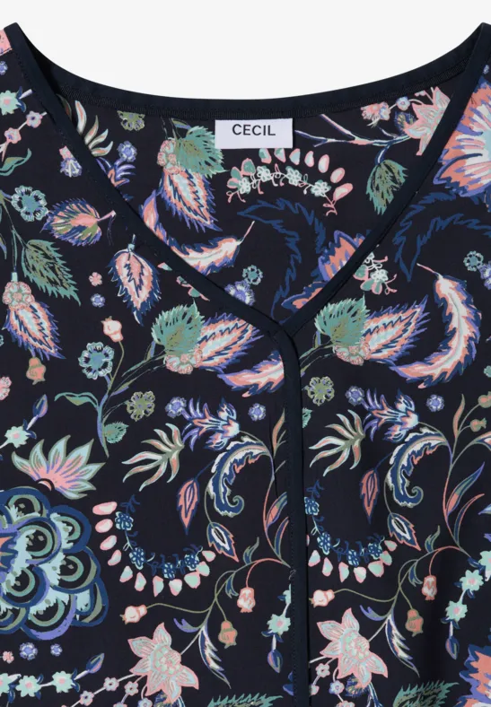 Chemisier bleu foncé à motif floral et paisley multicolore, col en V, patte de boutonnage, marque CECIL.