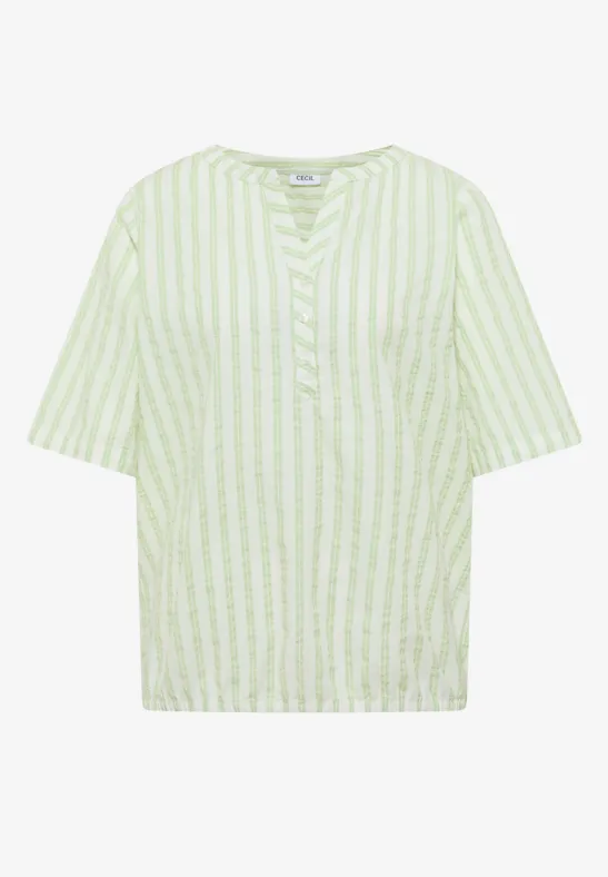 T-shirt à manches courtes ample rayé vert clair et blanc avec encolure en V et patte de boutonnage.