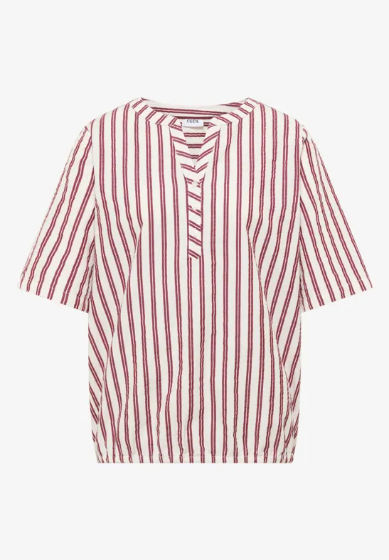 Blouse ample à manches courtes avec rayures rouges et blanches et patte de boutonnage.