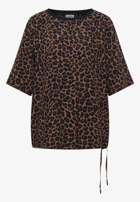 Damen-T-Shirt in schwarzem Leo-Muster mit halblangen Ärmeln und Tunnelzug am Saum