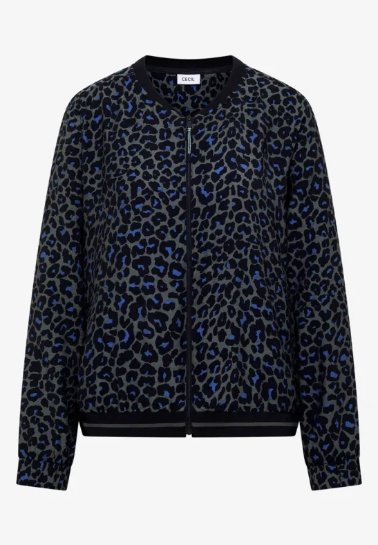 Veste bomber noire à motif léopard bleu, fermeture boutonnée et bords-côtes au col, aux manches et à l’ourlet