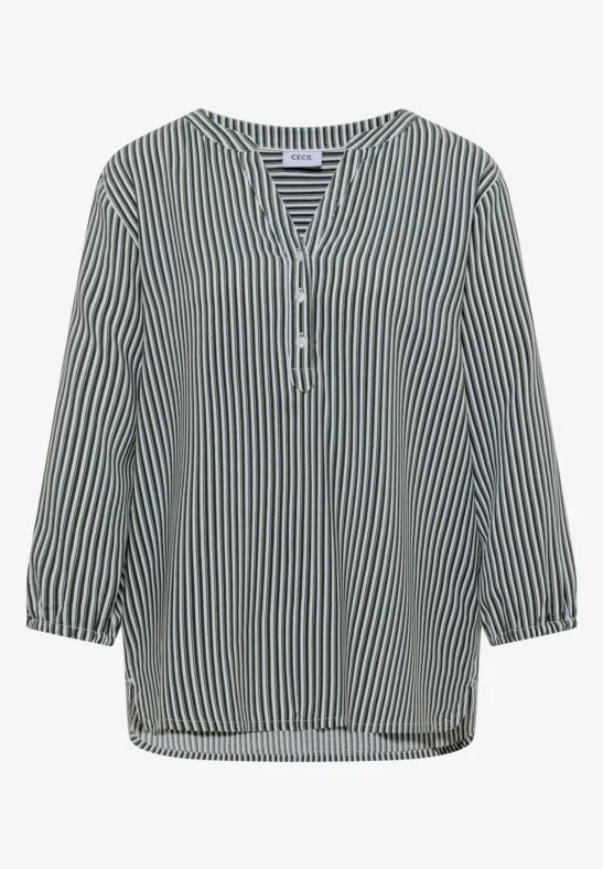 Locker geschnittene Damenbluse mit schwarz-weiß gestreiftem Muster, V-Ausschnitt und 3/4-Ärmeln.