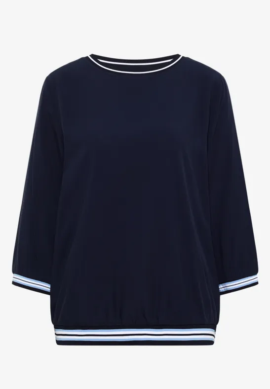Dunkelblaues, legeres Shirt mit weißen Streifen an Ärmeln, Kragen und Saum