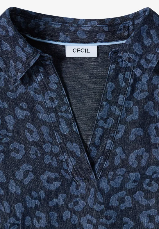 Dunkelblaues Shirt mit Leoprint, Hemdkragen, V-Ausschnitt und Label "CECIL".