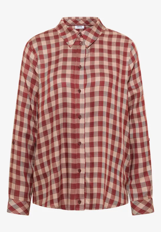Chemise manches longues à carreaux rouge et crème, boutonnée