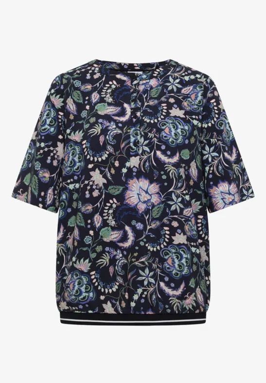 Dunkelbluse mit farbenfrohem Blumenmuster, kurzen Ärmeln und rundem Ausschnitt.