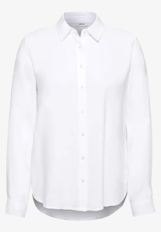 Schlichte weiße, langärmlige Bluse mit Knopfleiste.