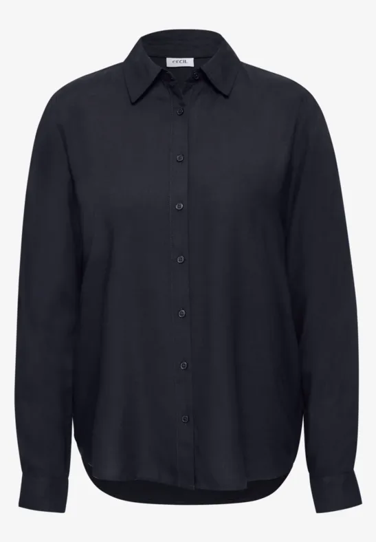 Schwarze, langärmlige Bluse mit Kragen und Knopfleiste, leicht abgerundetem Saum.