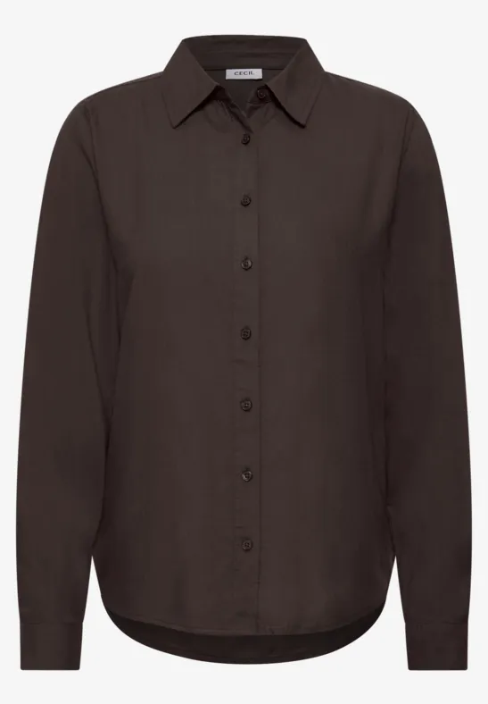 Schlichte, dunkle Bluse mit Knopfleiste, Hemdkragen und langen Ärmeln.