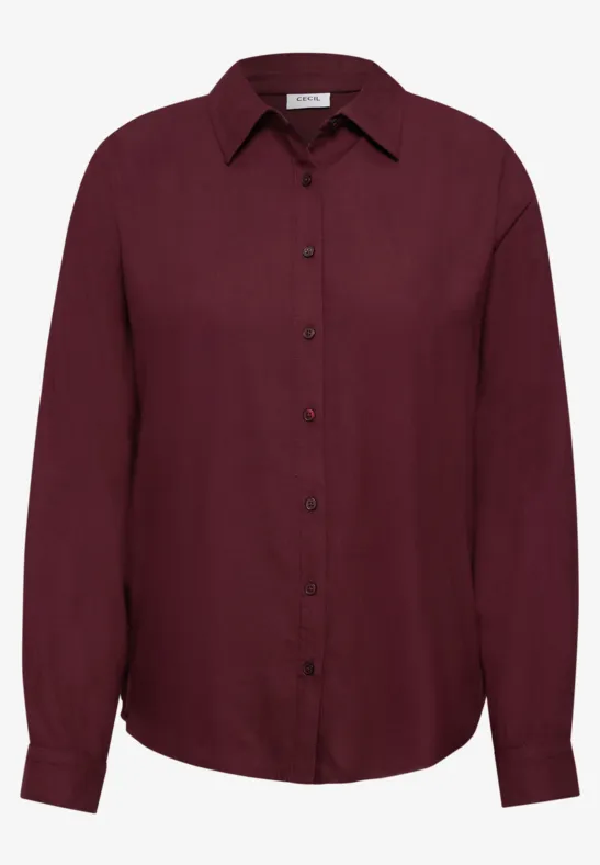Dunkelrote, langärmelige Bluse mit Kragen und Knopfleiste.