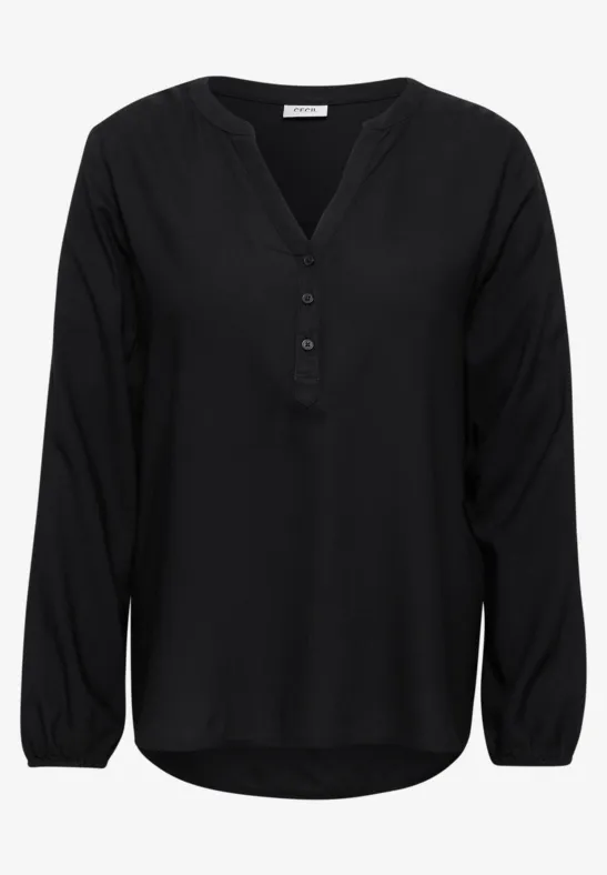 Zwarte longsleeve met V-hals en knoopsluiting, losse pasvorm